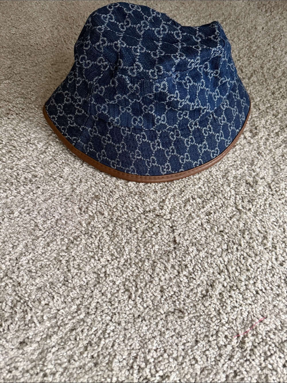Bucket hat copy Navy Denim GG Monogram Bucket Hat with Brown Trim
